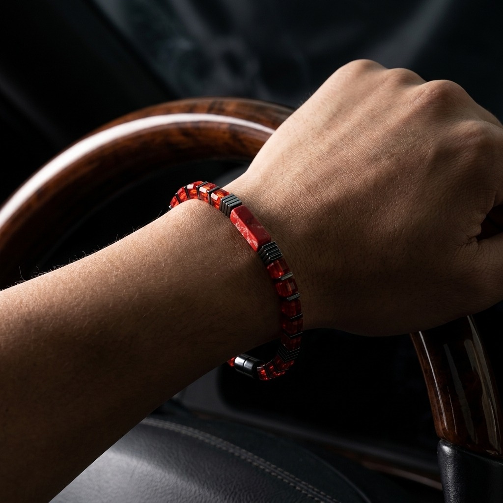 Natural Stone Bead Bracelet with Red Square Beads, Stackable